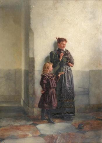 Mother And Daughter With Kitten by 
																			Pieter Haaxman