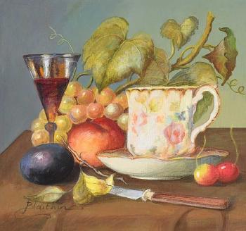 Still life with tea cup, wine & fruit by 
																	Blaithin O'Ciobhain
