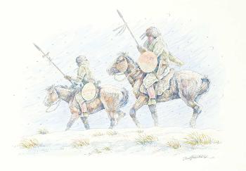 Untitled - Two Braves Head to War by 
																			Gerald Tailfeathers