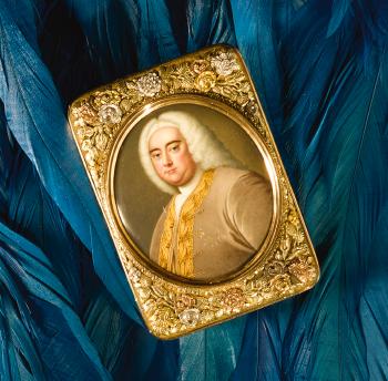 A varicolor gold and malachite snuff box with enamel miniature of Handel by 
																	 Zinck