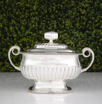 An unusual George III silver soup tureen and cover of Beer interest by 
																	Joseph Fearn