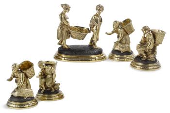 A suite of five Victorian silver-gilt and patinated metal salts formed as figures of harvesting children by 
																	Charles Hancock