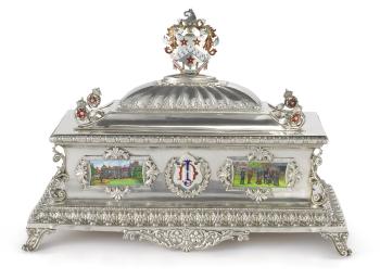 An English silver and enamel presentation casket of Manchester United interest by 
																	 Abrahall and Bint