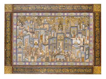 The Call to Prayer a Large Painting Depicting Scenes of City Life by 
																	Hajji Mirza Husain Al-Mussavar Al-Maleki