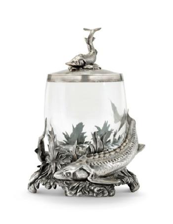 A Parcel-gilt Silver-mounted Glass Caviar Pot by 
																	 Nicholls & Plincke