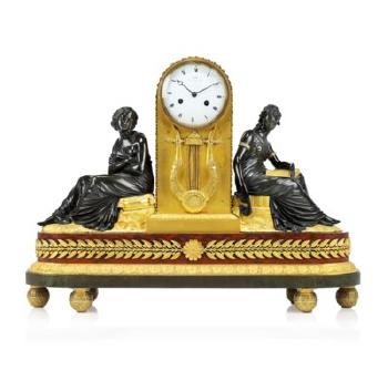 An Empire Ormolu, Patinated Bronze and Marble Striking Mantel Clock by 
																	Claude Galle