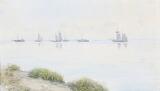 Sailing ships on still waters off a coast by 
																			Hans Dall