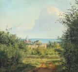 Landscape with Forsnæs Church in the background by 
																			Georg Achen