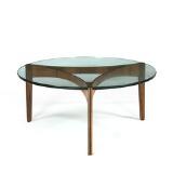 Circular coffee table with rosewood frame, top of glass by 
																			Sven Ellekjaer
