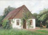 A man and dog by a small house on a summerday by 
																			Caroline Emilie Mundt