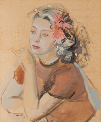Portret kobiety w woalu we włosach by 
																			Raymond Kanelba