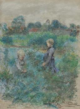 Two Girls on the Meadow in Front of the Village by 
																	Fritz von Uhde