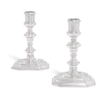 A Pair of James II Silver Candlesticks by 
																	Anthony Nelme