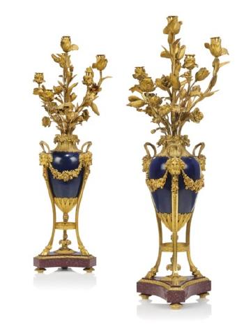 A Pair of French Ormolu-mounted Blue Tole and Porphyry Six-light Candelabra by 
																	Henri Dasson