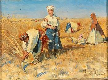 Farmers at the harvest by 
																			Alexander W Makowski