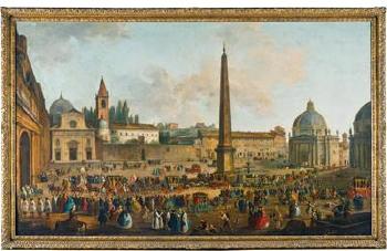 A Procession of Carriages Leaving Piazza del Popolo, Rome by 
																			 Venetian School