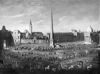 A Procession of Carriages Leaving Piazza del Popolo, Rome by 
																			 Venetian School