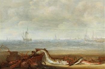 A Seascape with Fish and Lobster on the Beach by 
																			Jan van Kessel