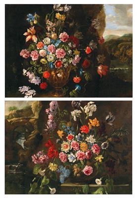 Flowers in a Vase Before a Rocky Landscape with a Stream and Waterfall; and Flowers in a Vase Before a River Landscape by 
																			Giovanni Stanchi