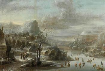 A Winter Landscape with Skaters on a Frozen River by 
																			Johann Christian Vollerdt