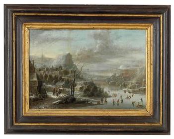 A Winter Landscape with Skaters on a Frozen River by 
																			Johann Christian Vollerdt