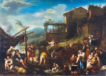 Figures, Cattle and a Tooth Drawer in a Landscape, with Musicians on the Terrace of a Tavern Beyond by 
																			 Bambocciante School