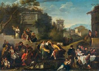 Musicians and Dancing Figures in an Ideal Landscape with Ruins and Buildings Beyond by 
																			 Bambocciante School