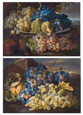 Grapes and Figs on a Plate; and Grapes and a Peach by 
																			 Roman School