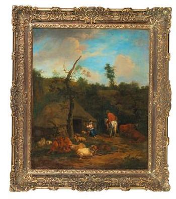 A Herdsman and a Shepherdess in Front of a Wooden Farmhouse by 
																			Adriaen van de Velde