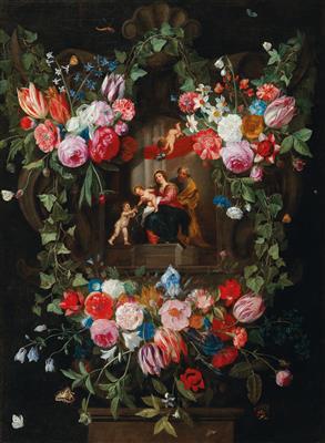 A Wreath of Flowers Surrounding a Cartouche with the Holy Family and Putti by 
																			Jan van Kessel