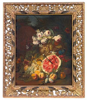 A Watermelon, Peaches, Plums and Grapes with Roses in a Landscape; and Apples, Melons, Figs, Grapes and Cherries with a Bas-Relief in a Landscape by 
																			Abraham Brueghel