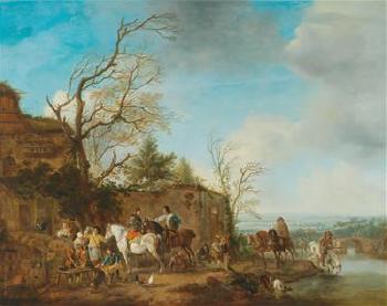 A Riding Party Taking Refreshments in a River Landscape by 
																			Carel van Falens