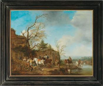 A Riding Party Taking Refreshments in a River Landscape by 
																			Carel van Falens