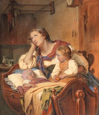 A mother at the cradle of her sick child by 
																			Johann Georg Meyer von Bremen