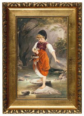 A barefoot girl crossing a brook by 
																			Josef Zasche