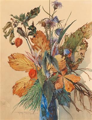 Autumn flowers in a blue vase by 
																			Gustav Feith