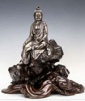 Silver And Copper Guanyin Sitting On The Rock Viewing Waterfall by 
																	Oshima Joun
