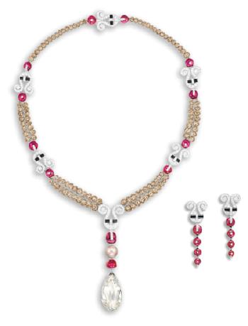 A Unique And Spectacular Diamond And Gem-Set 'Jambi' Necklace And A Pair Of Matching Pendent Earrings Cartier by 
																			 Cartier