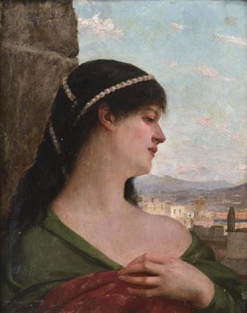 Jeune femme en buste aux perles dans les cheveux sur fond de paysage by 
																	Albert Jules Edouard