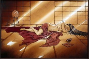 Jeune femme asiatique légèrement dénudée, couchée dans une pièce aux éléments décoratif japonais by 
																	 Jung Sik Jun