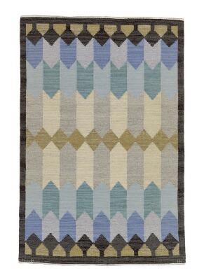 Carpet in rölakan technique with polychrome geometric pattern by 
																	Sodra Kalmar Lans Hemslojd