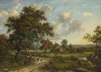 A Wooded Landscape With Travellers On a Track by 
																	Patrick Nasmyth