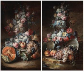 Flowers In A Vase, With Scattered Fruit And Flowers; And Flowers In A Vase, With Grapes And Peaches Beside A Plate by 
																	Michele Antonio Rapous