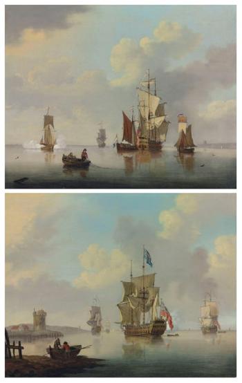 Ships Of The Red Squadron At Anchor, One Firing A Salute As She Prepares To Leave The Anchorage; And An English Third-rate Of The Red Squadron At Anchor Off The Low Countries by 
																	Francis Swaine