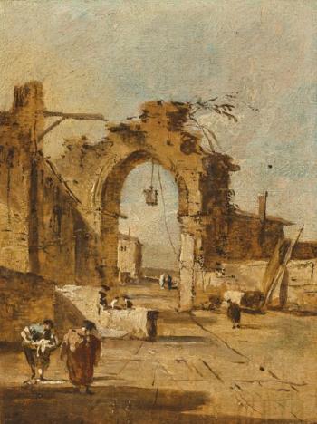 A Capriccio With Figures Promenading By Ruins by 
																	Francesco Guardi