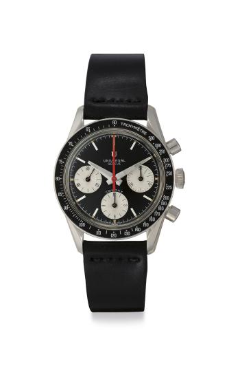 A Fine And Rare Stainless Steel Chronograph Wristwatch With Black Dial by 
																	 Universal Geneve