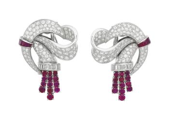 Art Deco Diamond and Ruby Dress Clips, Lacloche Freres by 
																	 Lacloche Freres