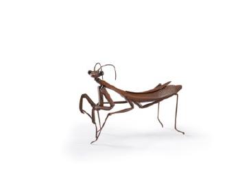 A copper articulated sculpture of a praying mantis by 
																	 Tanaka Tadayoshi