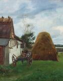 A harvestmotif with a haystack behind a barn by 
																			August Jerndorff