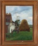 A harvestmotif with a haystack behind a barn by 
																			August Jerndorff